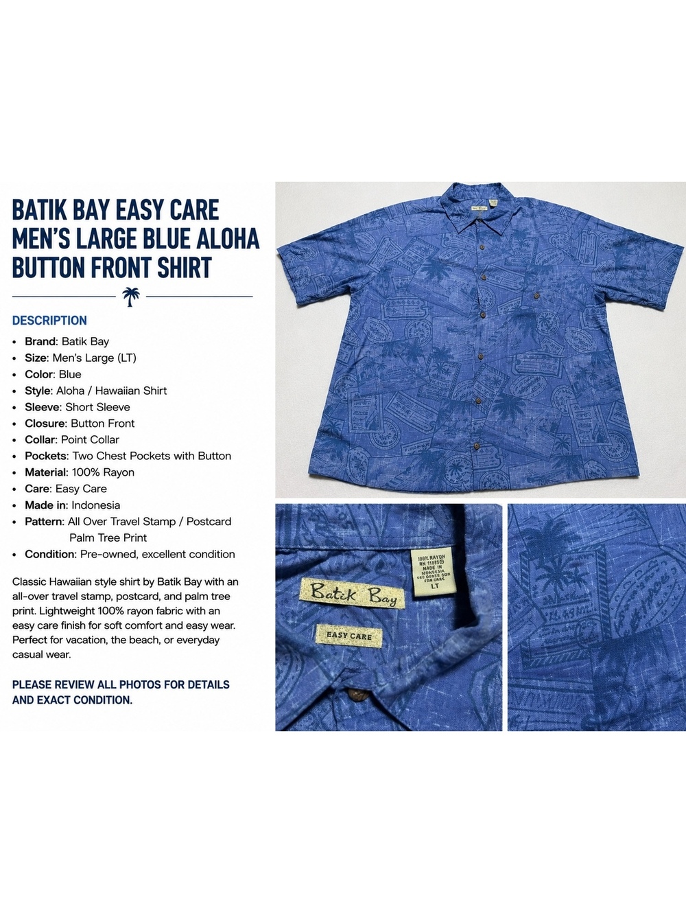 Batik Bay Men's Large Blue Aloha Hawaiian Button Front Shirt 100% Rayon Easy-Ca